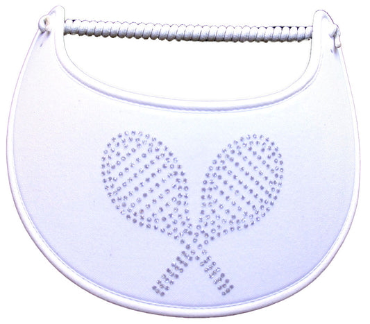 Tennis Sun Visor with Silver Racquets on White with Edges Trimmed in White