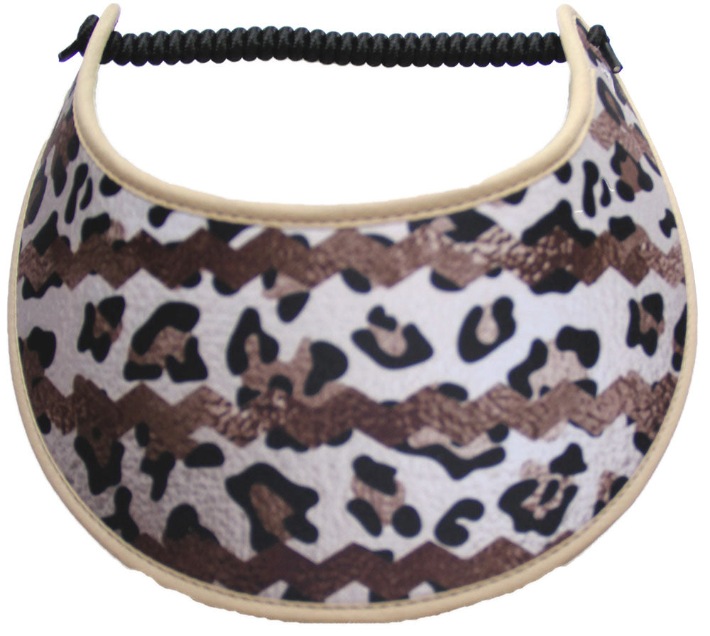 Sun Visor with Chevron stripe and animal print design. Edges trimmed in tan