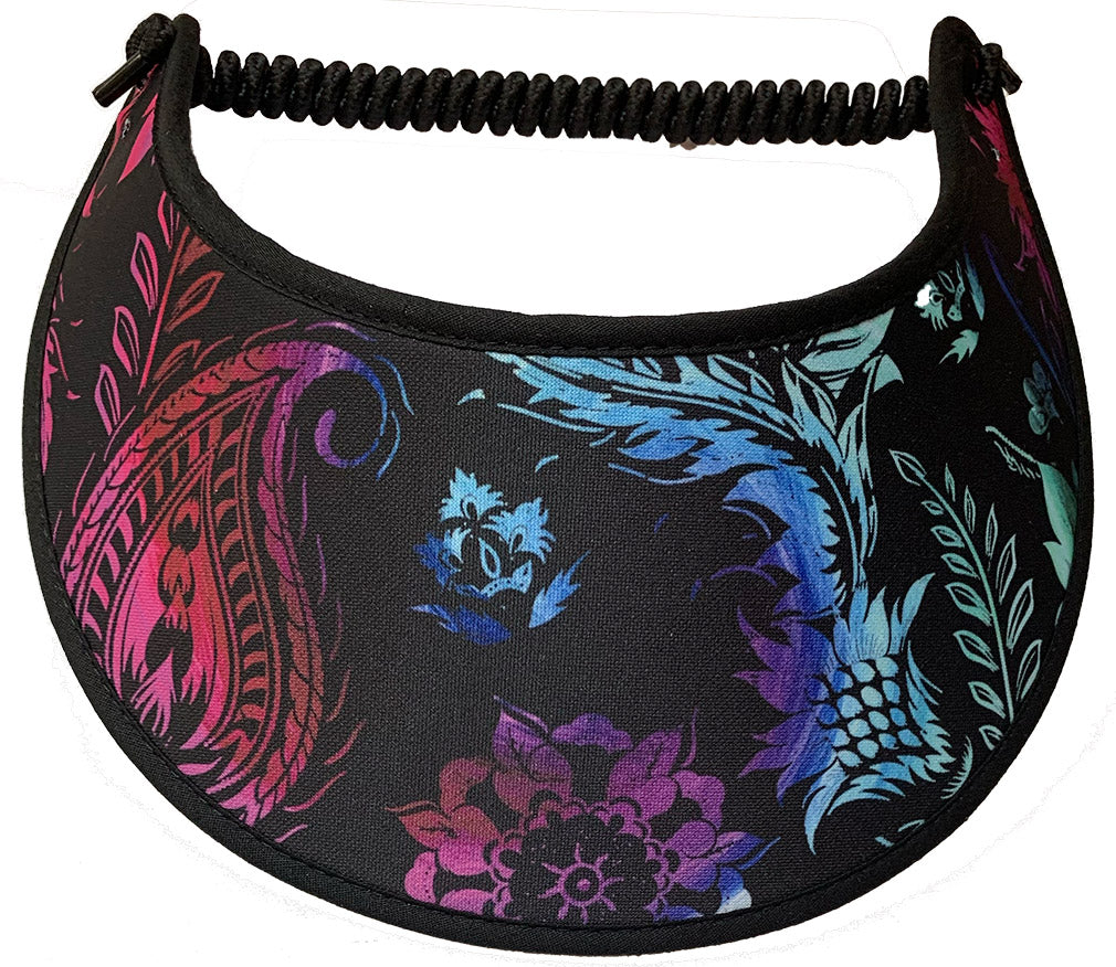 The sun visor has a paisley and assorted leaves.