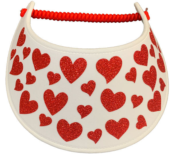 Valentine001 Red Glitz Hearts on White Sun Visor