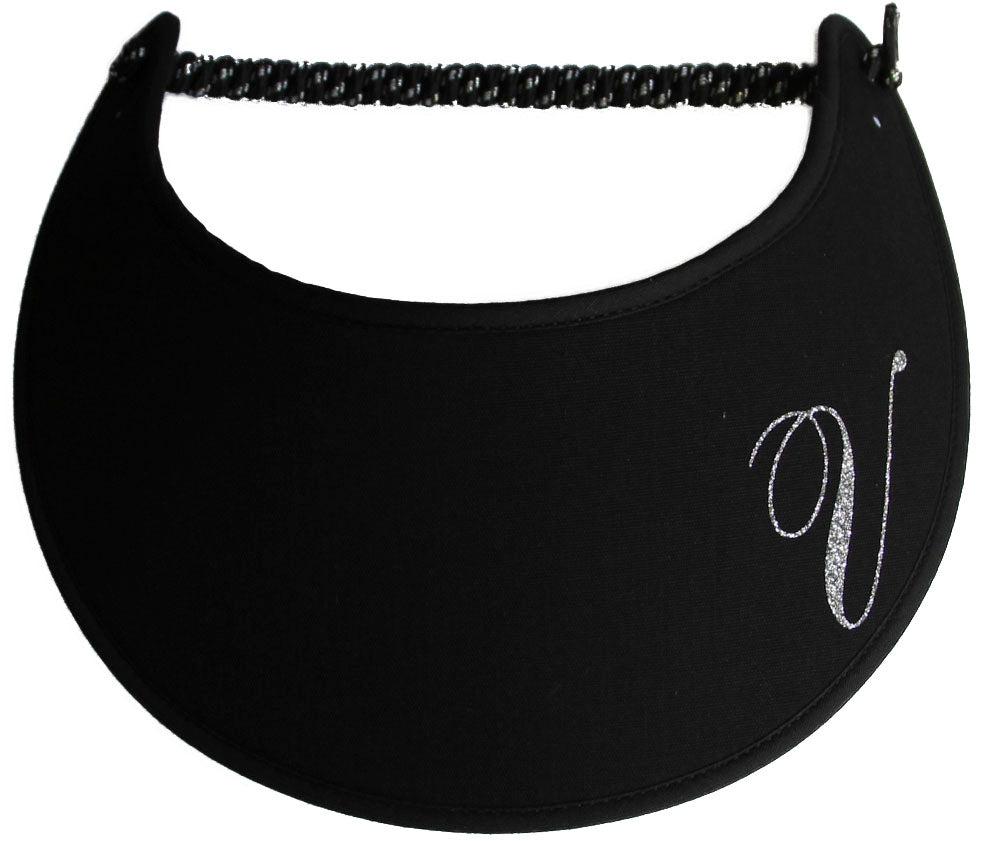 Foam sun visor with a sparkly initial V.
