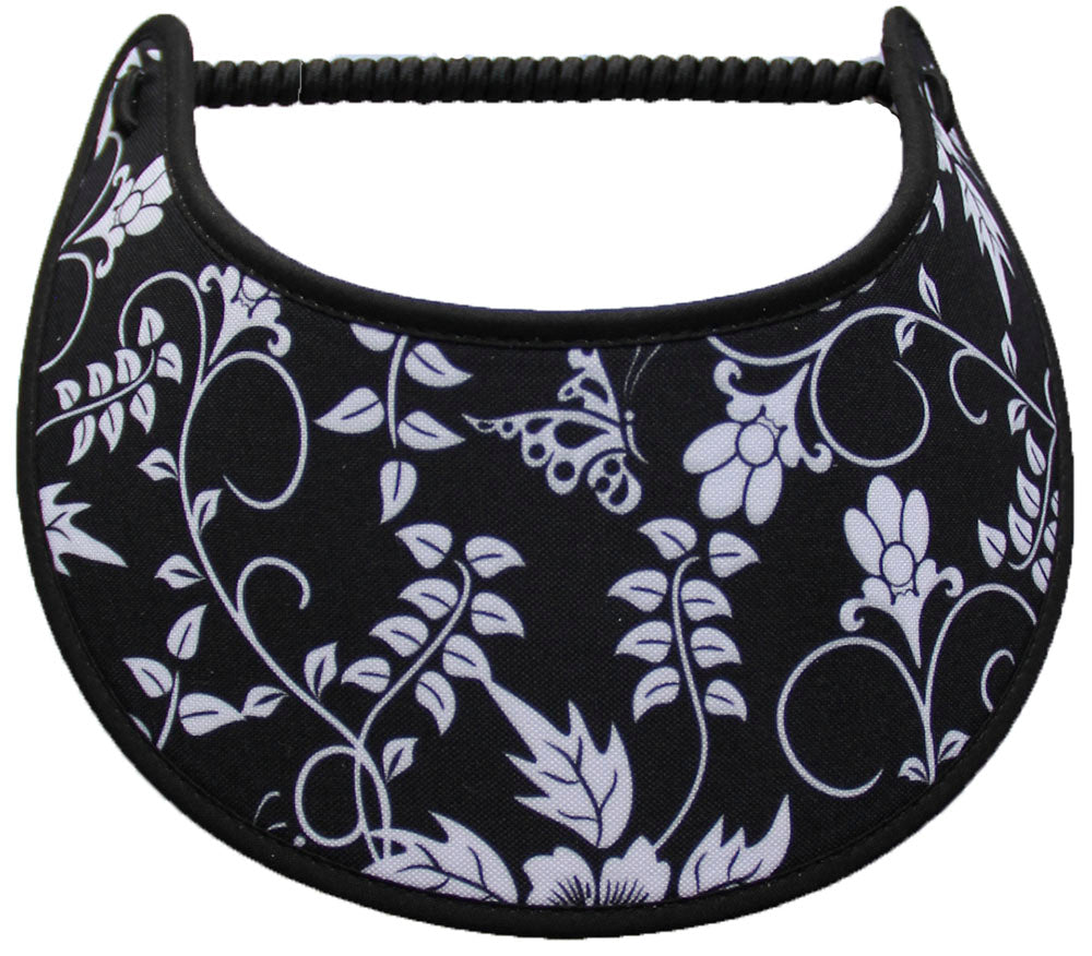 Foam sun visor with white flowers, leaves & butterfly on black