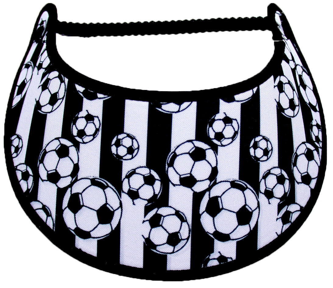 Foam sun visor with soccer balls on black and white stripe