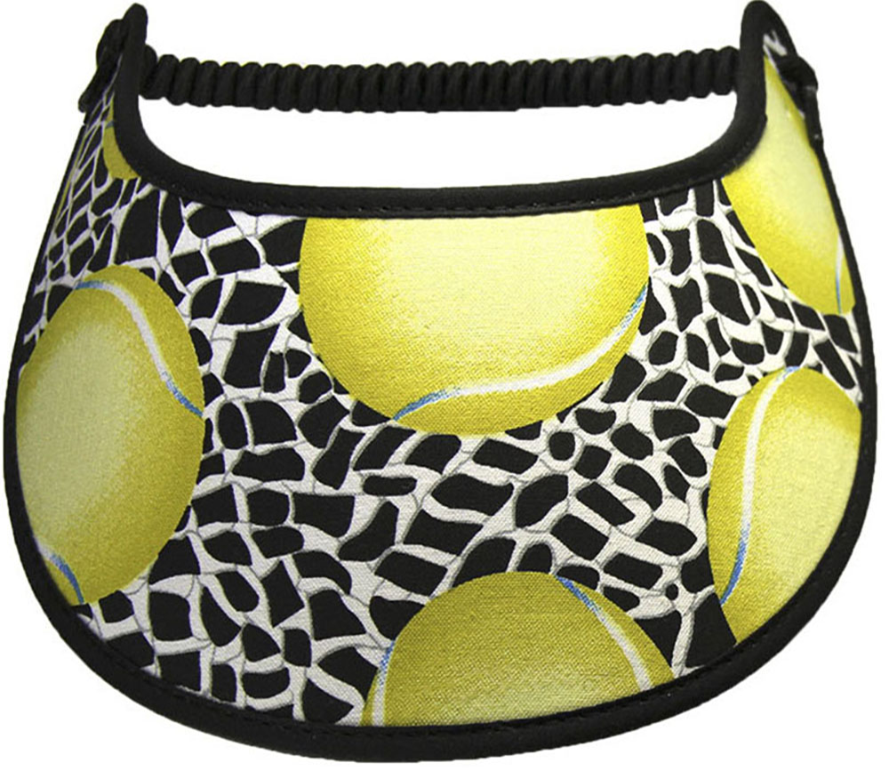 Ladies foam visor with tennis balls & nets on black background