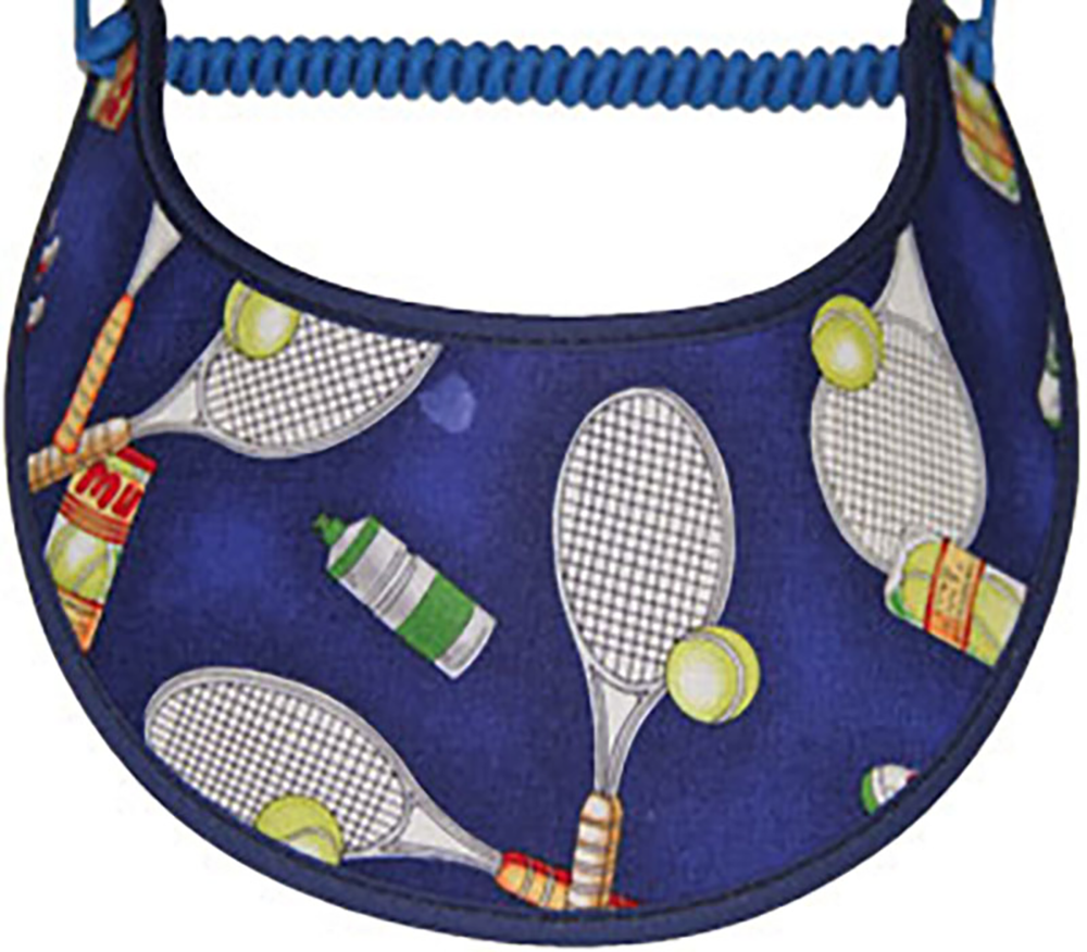 Foam sun visor with tennis balls & rackets on blue background