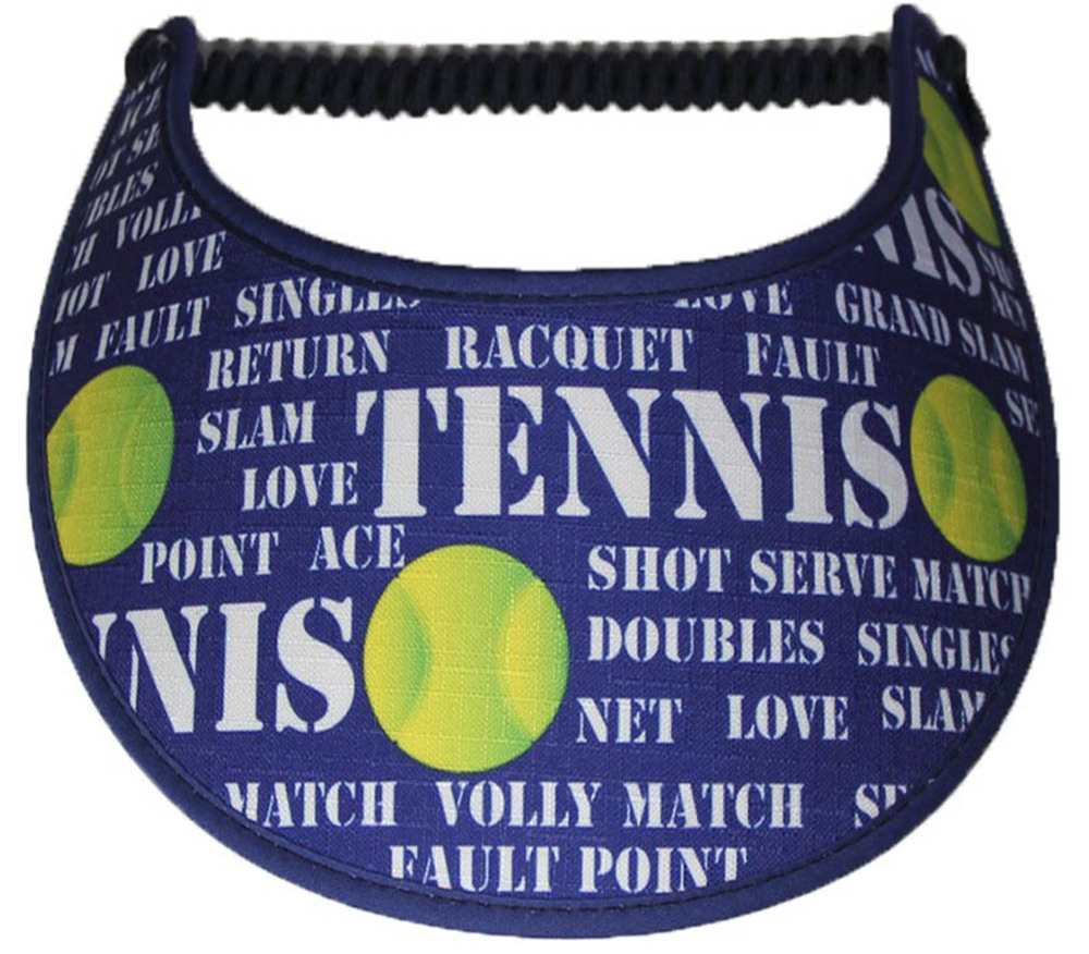 Ladies foam sun visor with words pertaining to tennis on blue