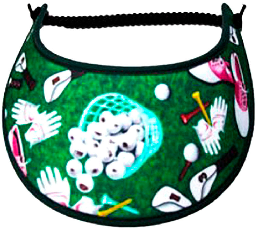 Foam sun visor with golf accessories on green.