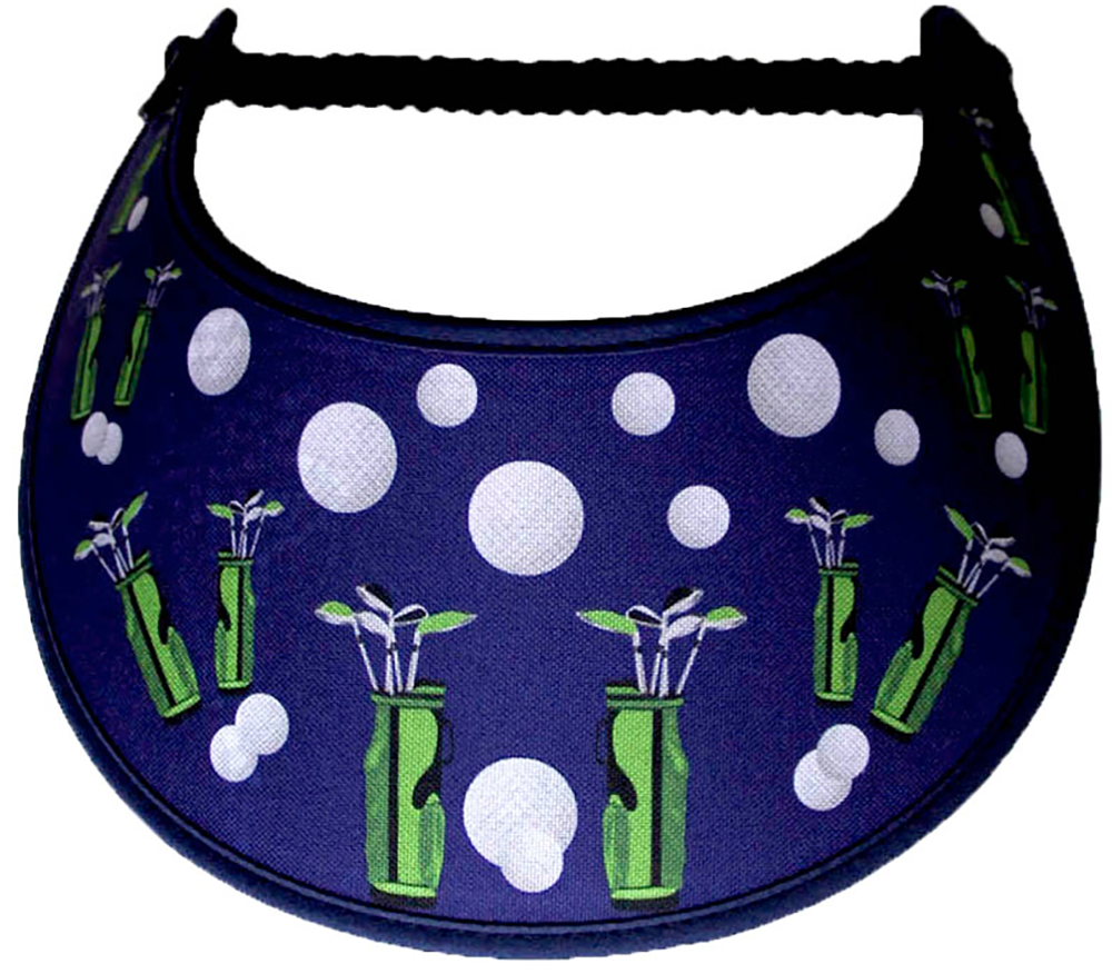 Foam sun visor with golf bags and balls on royal