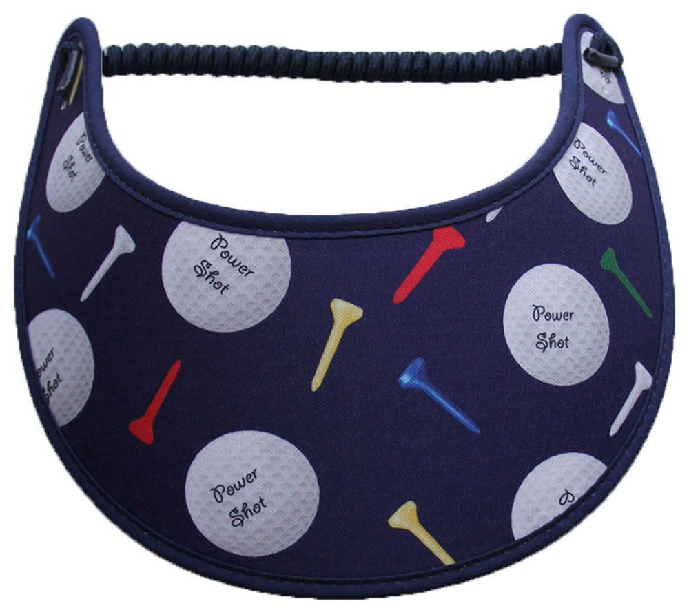 Foam sun visor golf balls and tees on navy background.