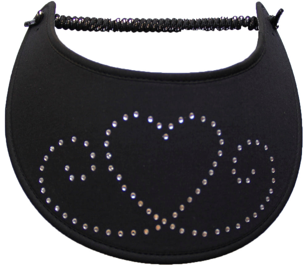 Foam sun visor with heart and swirls in rhinestones