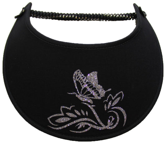 Butterfly and Flower in Silver Glitz on Black Sun Visor