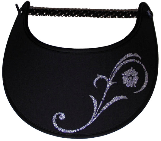 Foam sun visor with silver flower and swirl stem on black