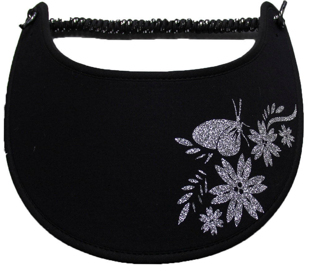 Flowers and Butterfly in Silver Glitz on Black Sun Visor