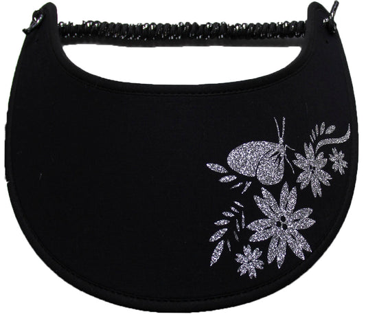 Flowers and Butterfly in Silver Glitz on Black Sun Visor