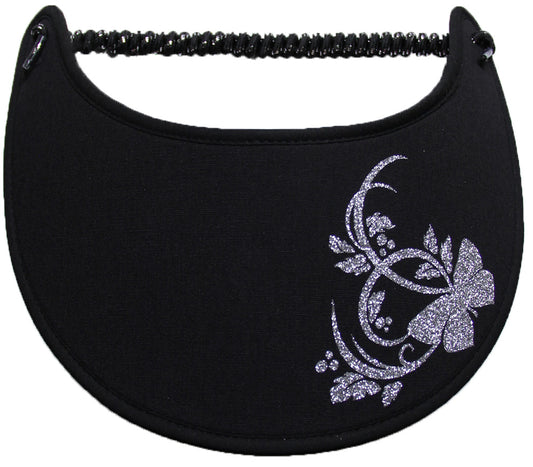 Ladies foam sun visor with silver glitz butterfly & leaves on black