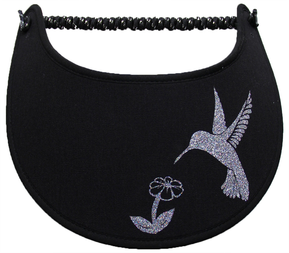 Ladies foam sun visor with multicolored glitz hummingbird and flower on black
