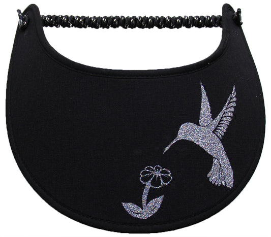 Ladies foam sun visor with multicolored glitz hummingbird and flower on black