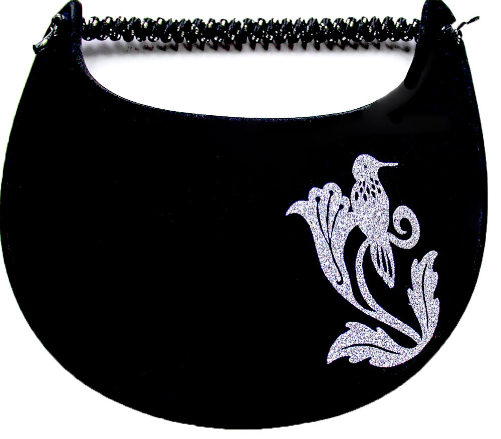 Foam sun visor with a multicolored glitz hummingbird on the flower