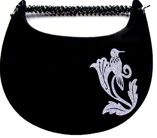 Foam sun visor with a multicolored glitz hummingbird on the flower