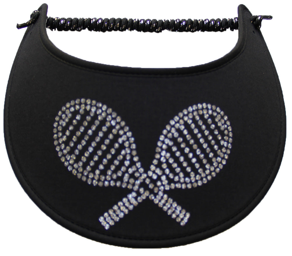 Tennis Sun Visor with a Silver Racquet Design on a Black Background, Featuring Black-Trimmed Edges