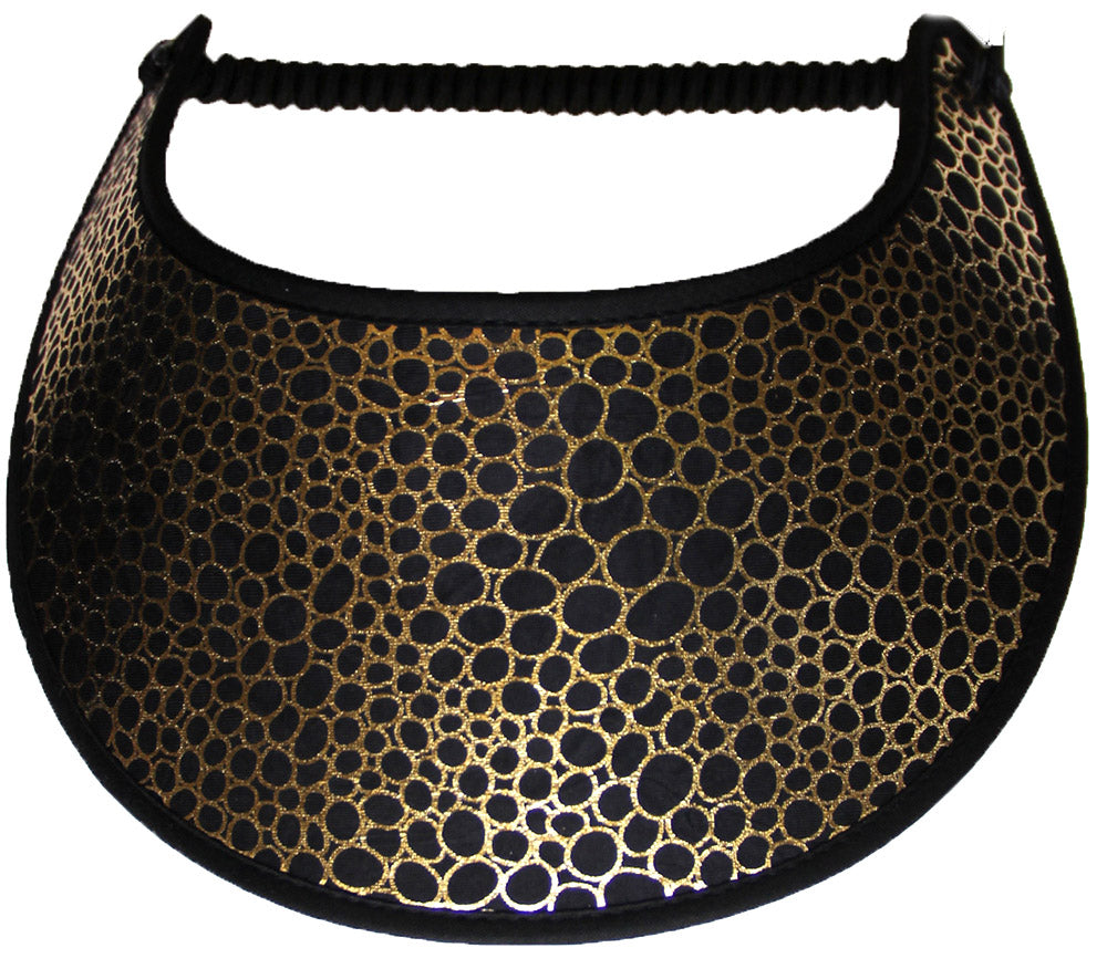 Ladies sun visor with gold filigree design on black