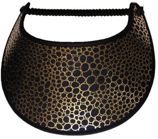 Ladies sun visor with gold filigree design on black