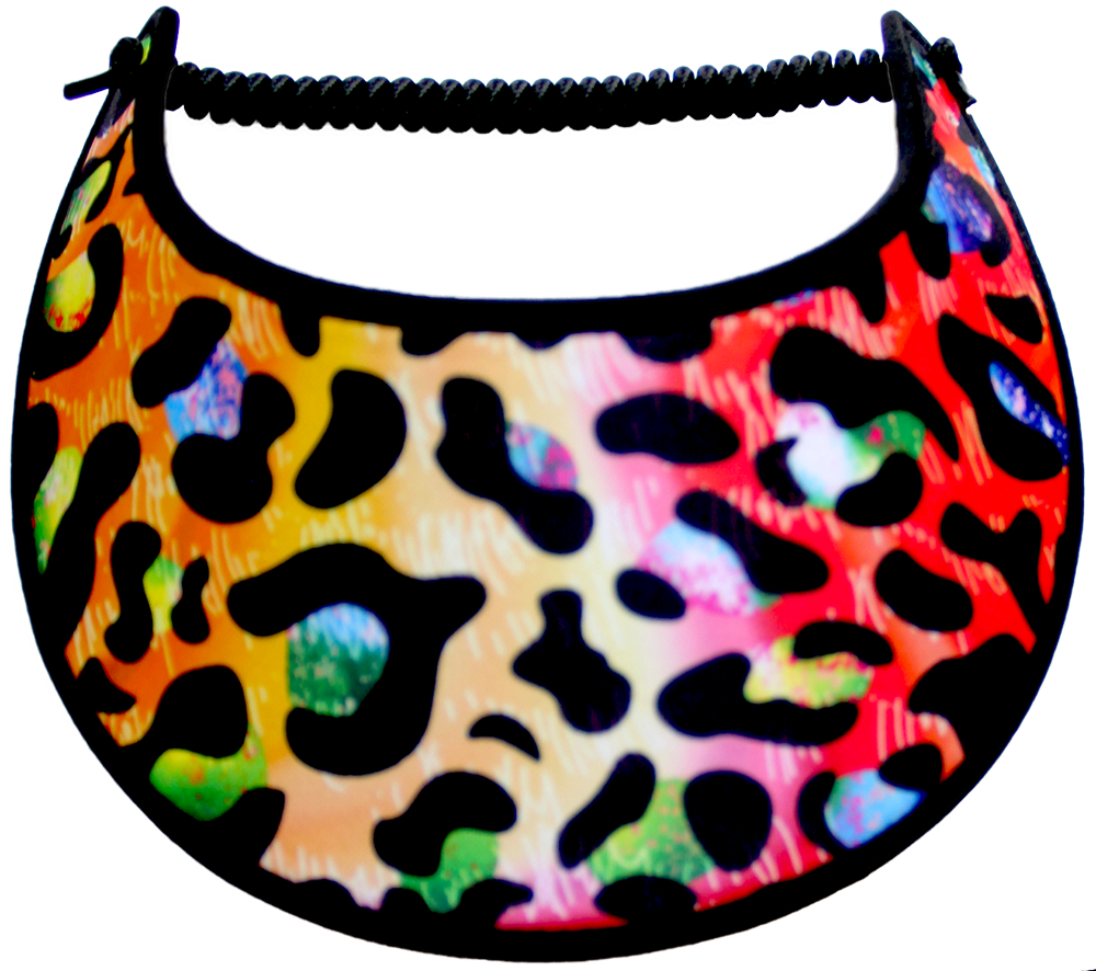 Leopard design in shade of red, orange, and blue.