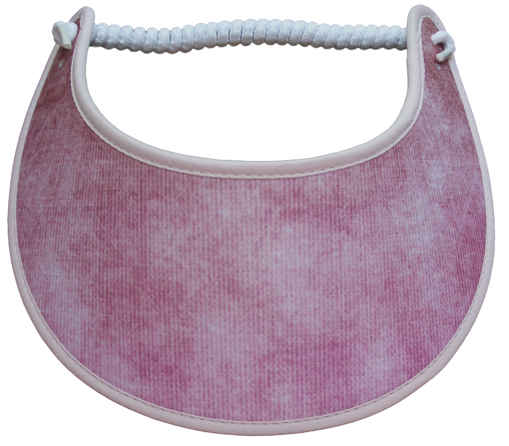A foam sun visor that comes in various hues of pink and is trimmed with a soft pink material. The visor is trimmed to provide optimal comfort on the forehead and helps aid the absorption of sweat