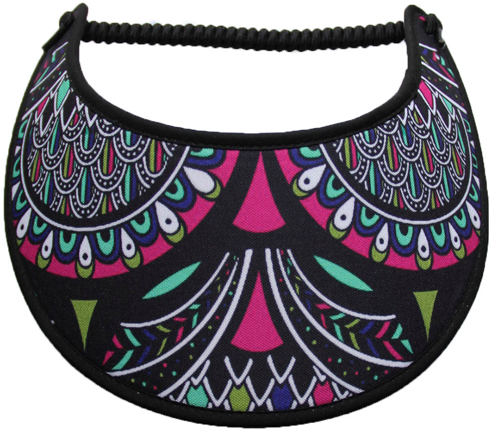 Foam sun visor with aqua, magenta, & white design on black