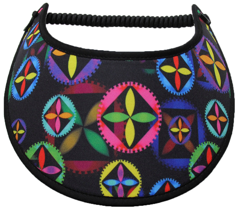 Ladies sun visor with bright colored designs on black