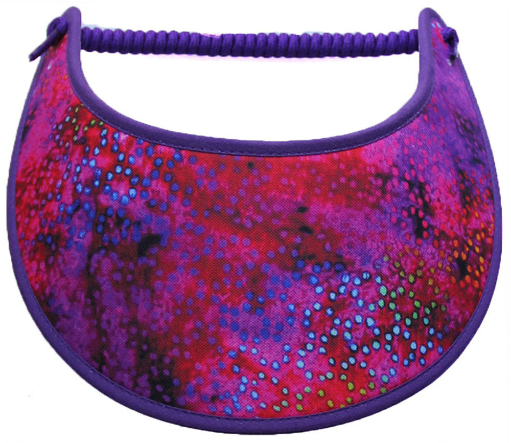 Foam sun visor with aqua dots on shades of pink & purple.