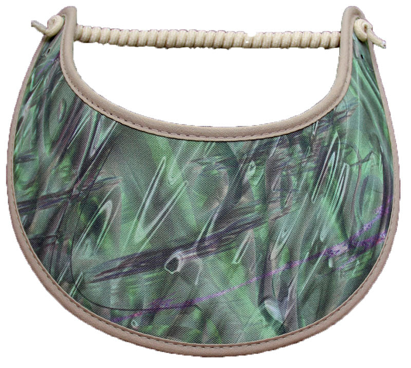 Foam sun visor designed with shades of green and khaki trim.