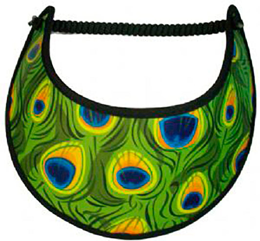 Foam sun visor with Peacock feathers on a green background.