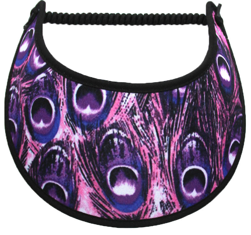 Foam sun visor with purple Peacock feathers.