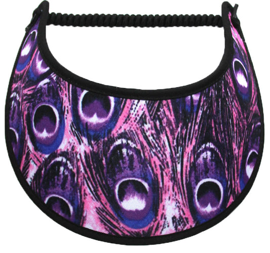 Foam sun visor with purple Peacock feathers.