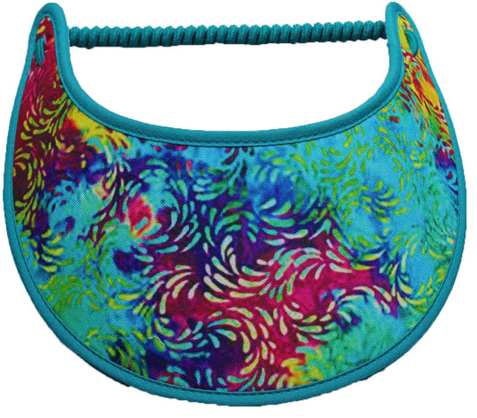 Foam sun visor with various shades of teal and other bright colors