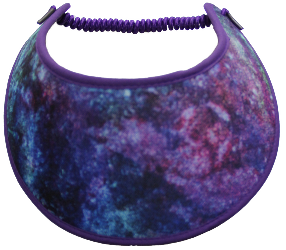 SUN VISOR WITH A BLEND OF COLORS PURPLE, BLACK, GREEN, TEAL...EDGES TRIMMED WITH PURPLE FABRIC