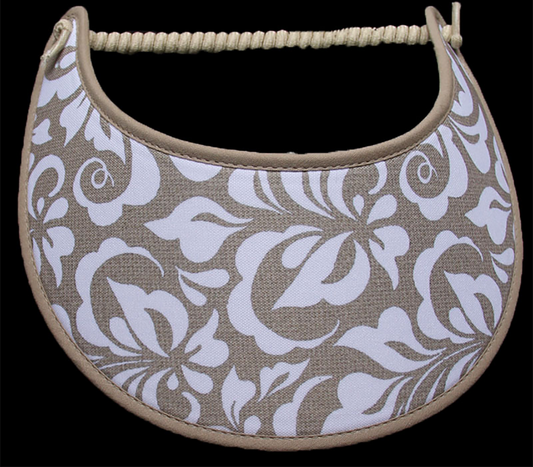 Foam sun visor with white damask on tan trimmed in khaki
