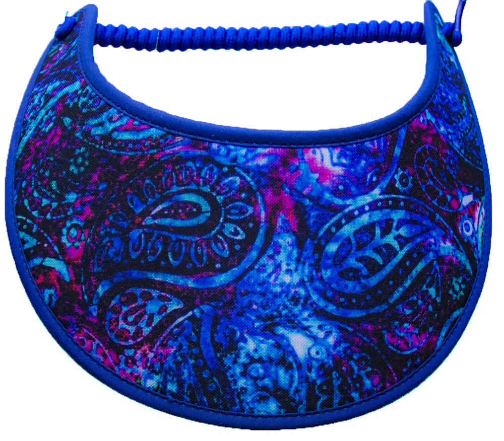 Foam sun visor with paisleys in shades of blue, magenta & white