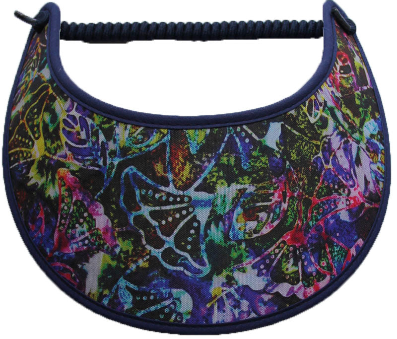 Foam sun visor with bell shaped flowers, shades of blue and purple