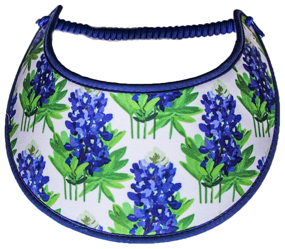 Ladies foam sun visor with hand painted blue bonnets on white