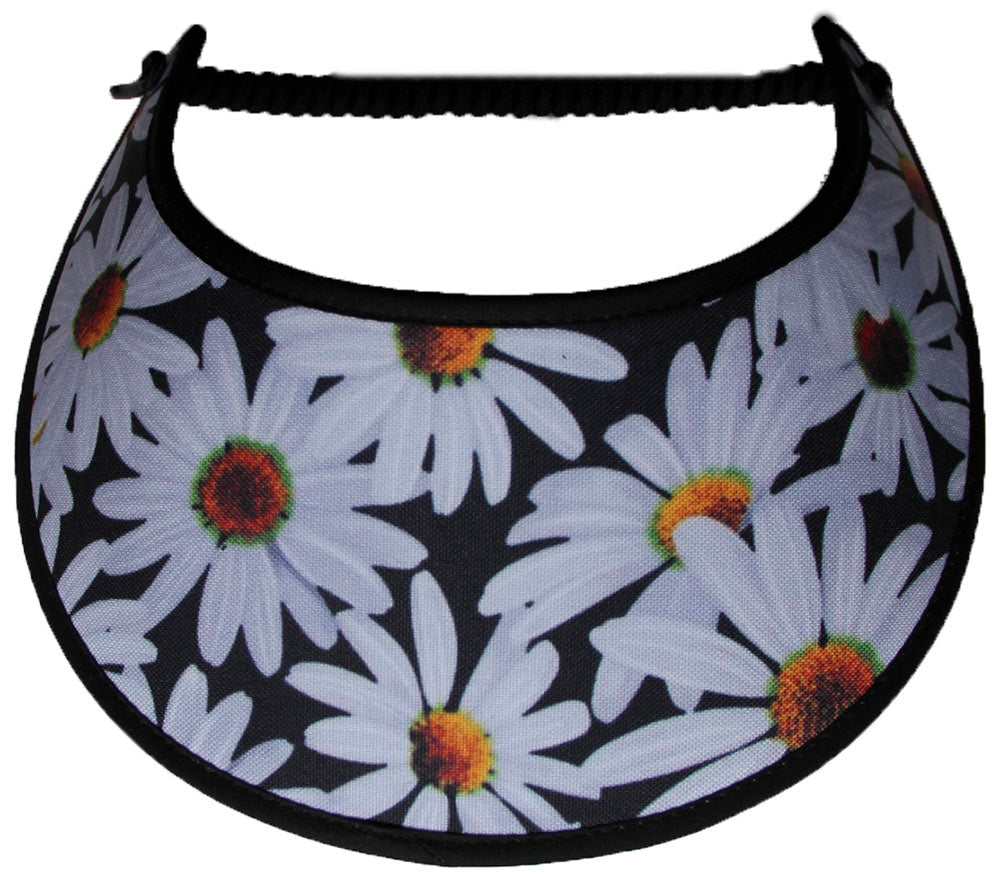 Ladies foam sun visor with white daisies on black