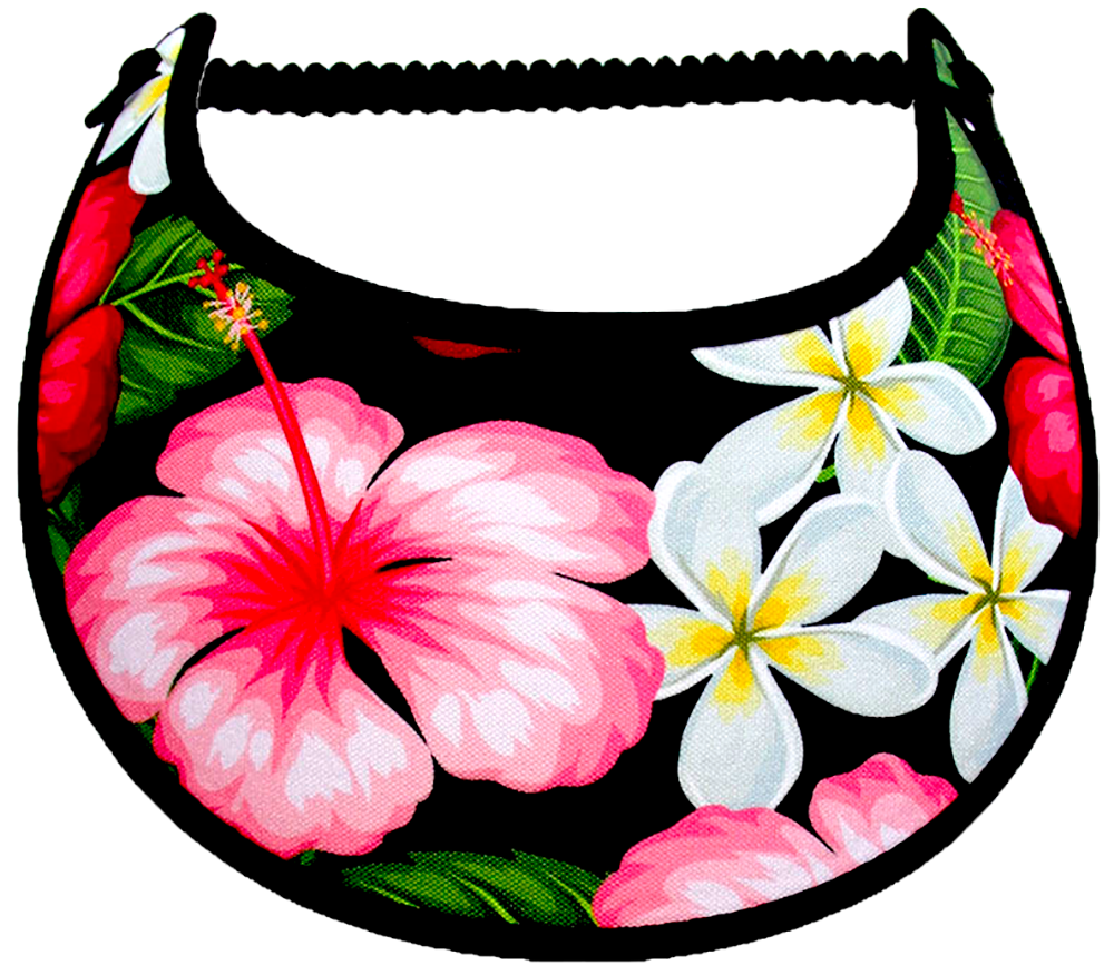 Ladies sun visor with large hibiscus on black