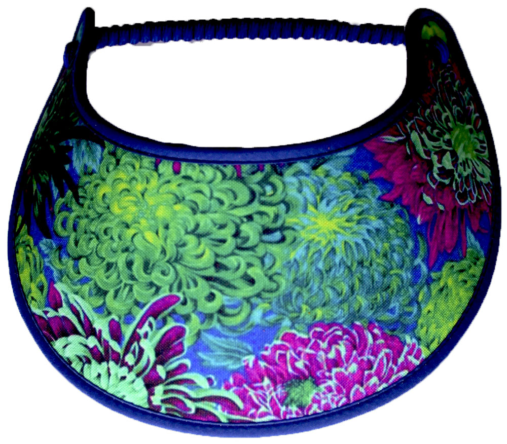 Ladies foam sun visor chrysanthemums on blue background
