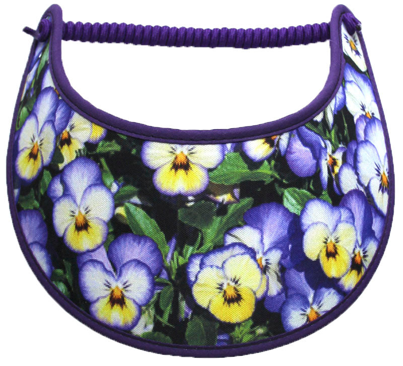 Ladies foam sun visor with purple and yellow pansies