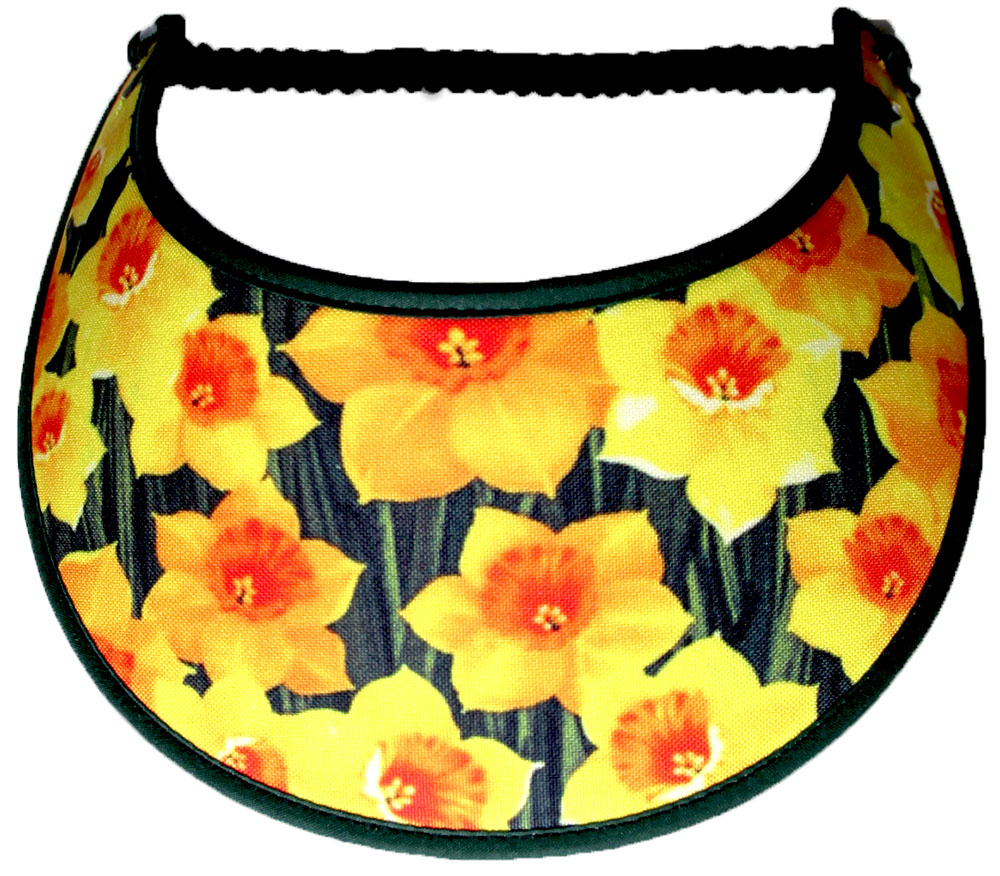 Ladies foam sun visor with daffodils on dark green