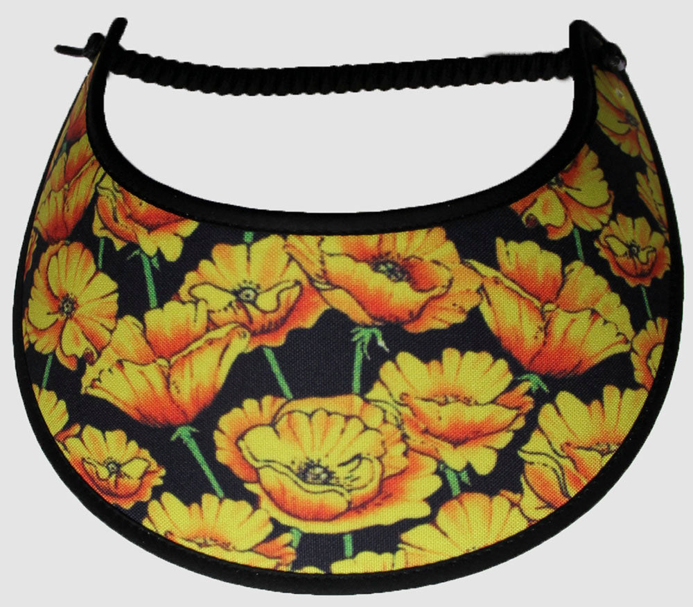 Ladies foam sun visor with yellow flowers on black
