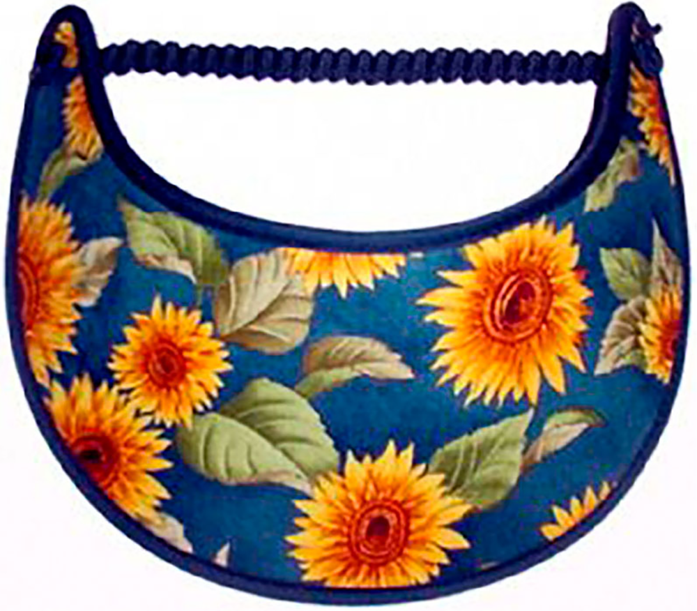 Ladies foam sun visor, orange and gold sunflowers, blue background