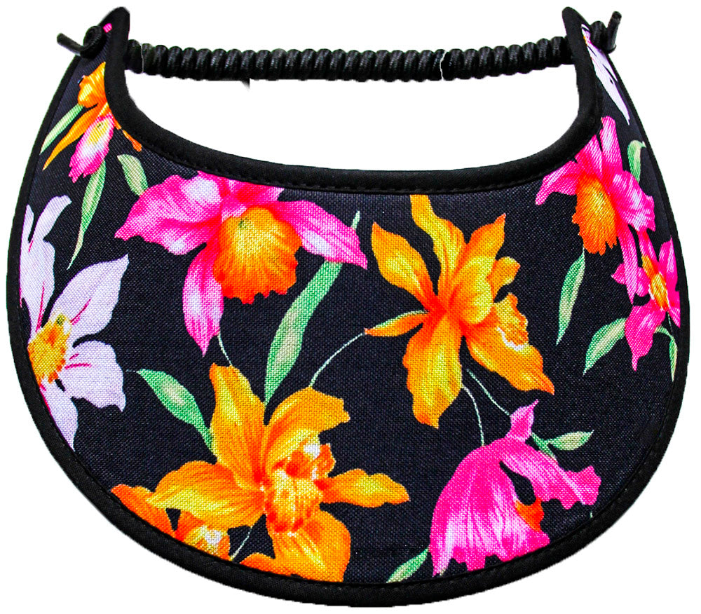 Foam sun visor with colorful lilies on black
