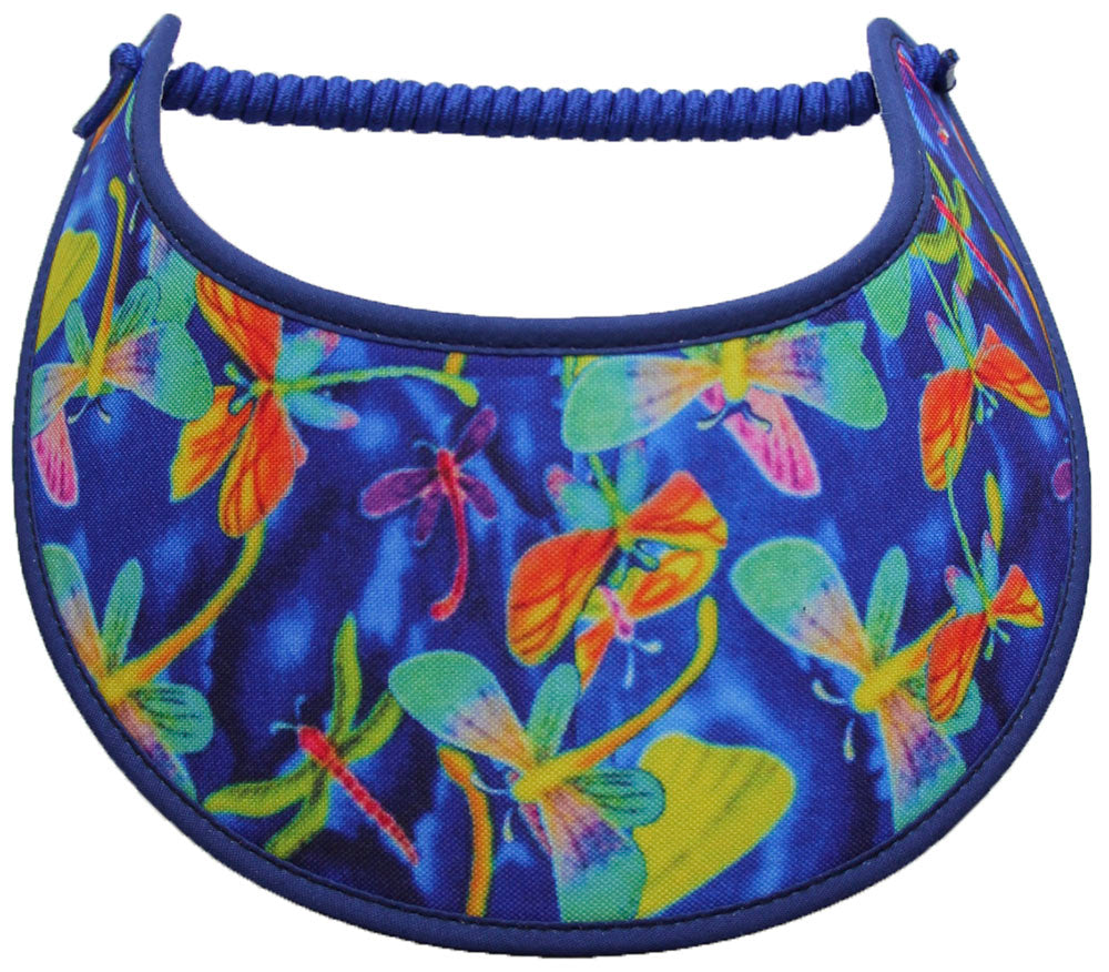 Foam sun visor with brightly colored dragonflies